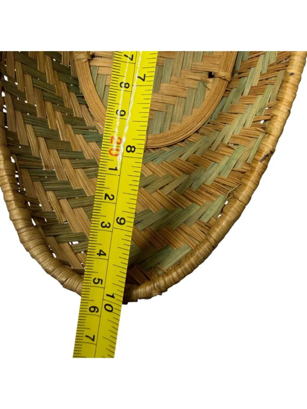 Vintage Handwoven Oval Bread Basket Geometric Green Natural Split Reed Boat Tray